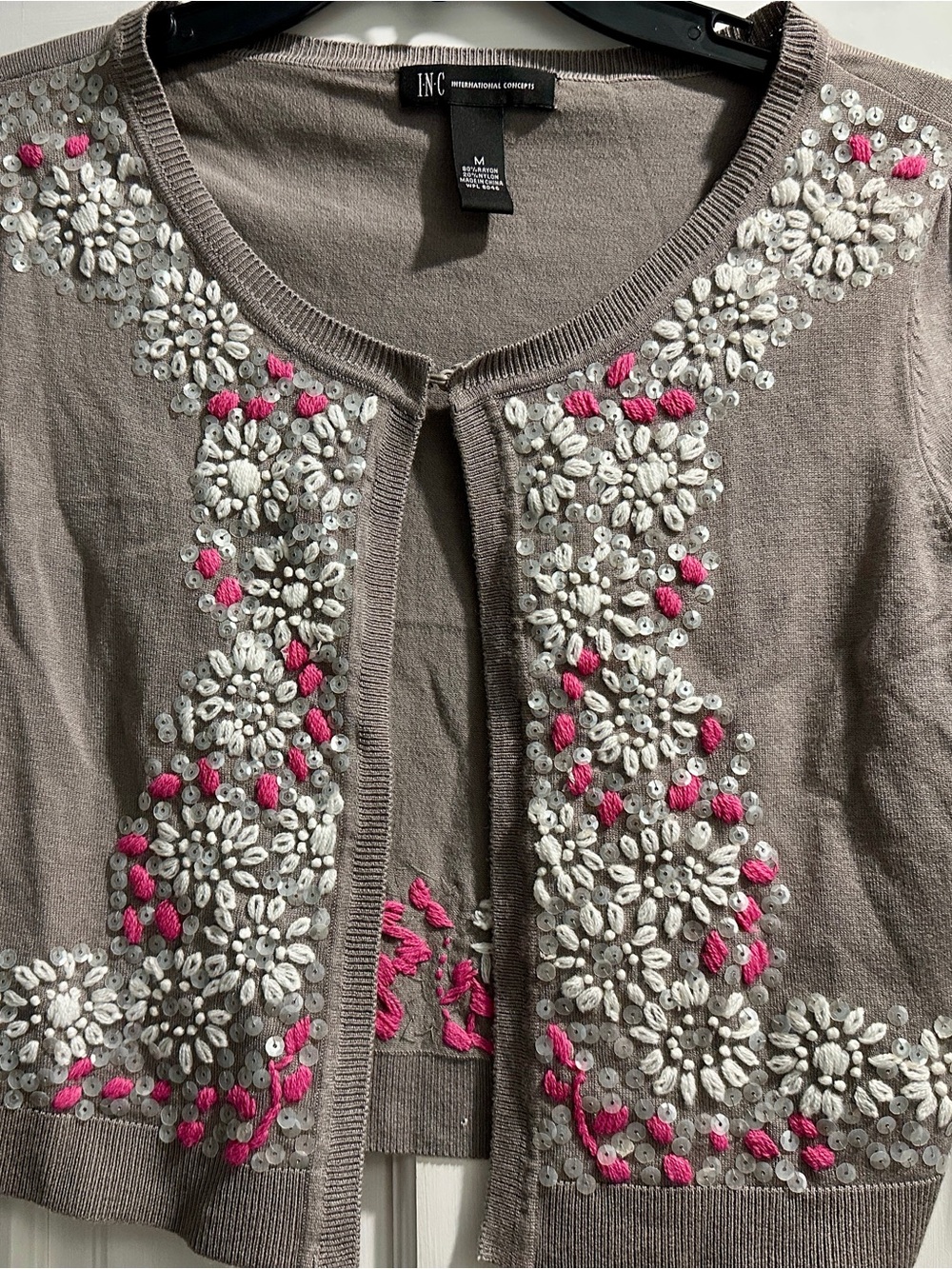 INC International Concepts Taupe Embellished Cardigan with Pink & White Details